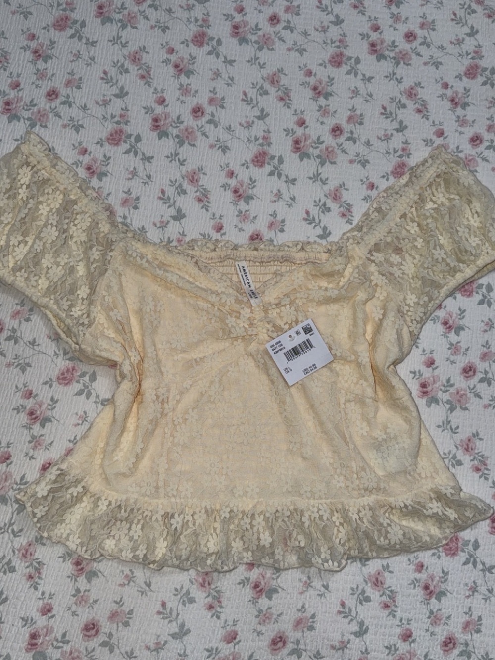 American Eagle Outfitters Pale Yellow Lace Off-Shoulder Peplum Top